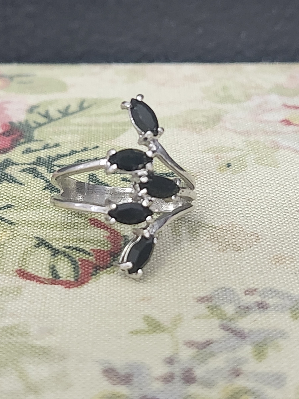 Silvertone Black Marquise Cluster Ring 18k HGE Sz 6 Cocktail
